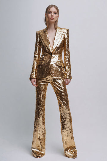 Sparkly Gold Peak Lapel 2 Pieces Women Tuxedo with Sleeves